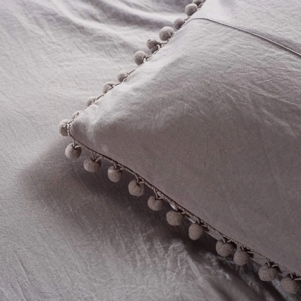 New GREY Pom Pom Fringe Duvet Cover Set